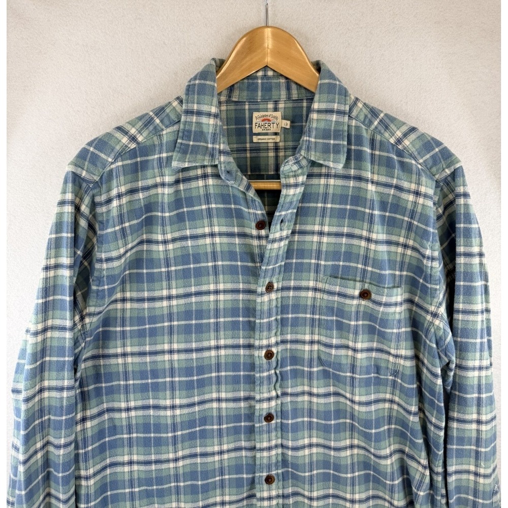 Faherty Mens Large Organic Cotton Blue White Plaid Long Sleeve Shirt Classic